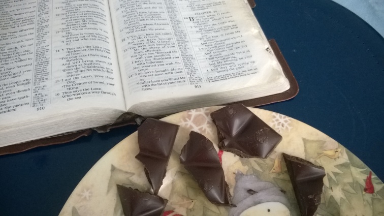 Isaiah 44 Bible with Chocolove Coffee Crunch in Dark Chocolate