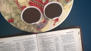 Isaiah 54 Bible with Justin's Dark Chocolate Peanut Butter Cups on snowman plate