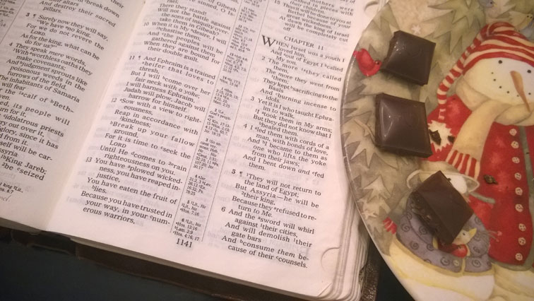 Hosea 11 Bible with Chocolove Dark Chocolate Coffee Crunch