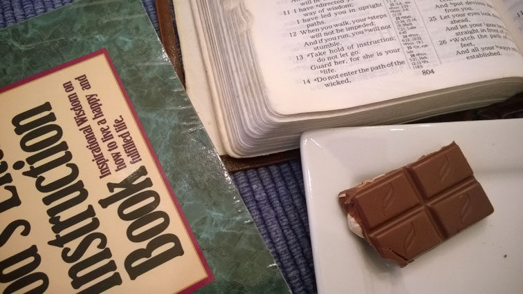 Gods Little Deconstruction Book Proverbs 4 Bible with Green and Blacks Organic Milk Chocolate with Almonds