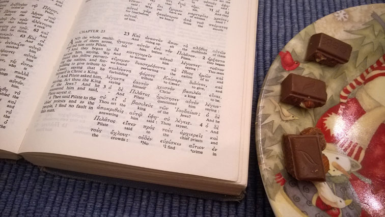 Luke 23 Greek Interlinear Bible with Green and Blacks Organic Milk Chocolate with Almonds