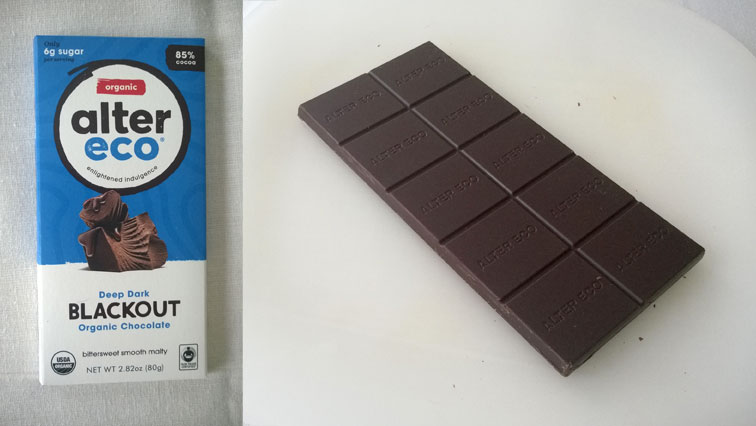Alter Eco Deep Dark Blackout Organic Chocolate - photograph of bar and wrapper for review