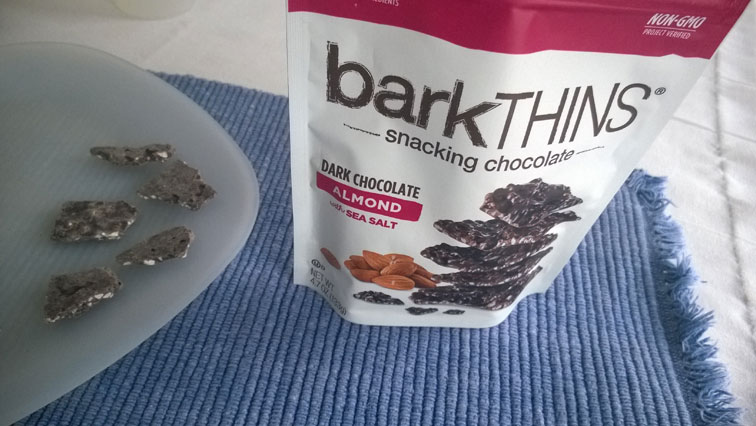 barkTHINS Dark Chocolate with Sea Salt and Almonds - photograph of bag and snack for review